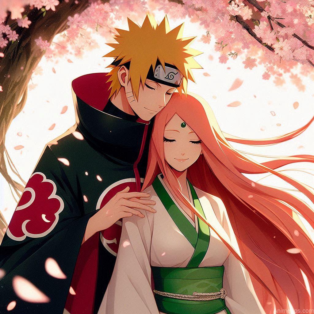 930+ Best Naruto DP for WhatsApp | Anime Dp 477 Minato and Kushina’s Loving Embrace
A tender image of Minato and Kushina standing under a cherry blossom tree in full bloom. Minato, dressed in his Hokage cloak, gently holds Kushina close, his hand resting on her shoulder, while Kushina, in her green and white dress, smiles warmly, her long red hair flowing in the breeze. The petals fall around them, symbolizing their enduring love