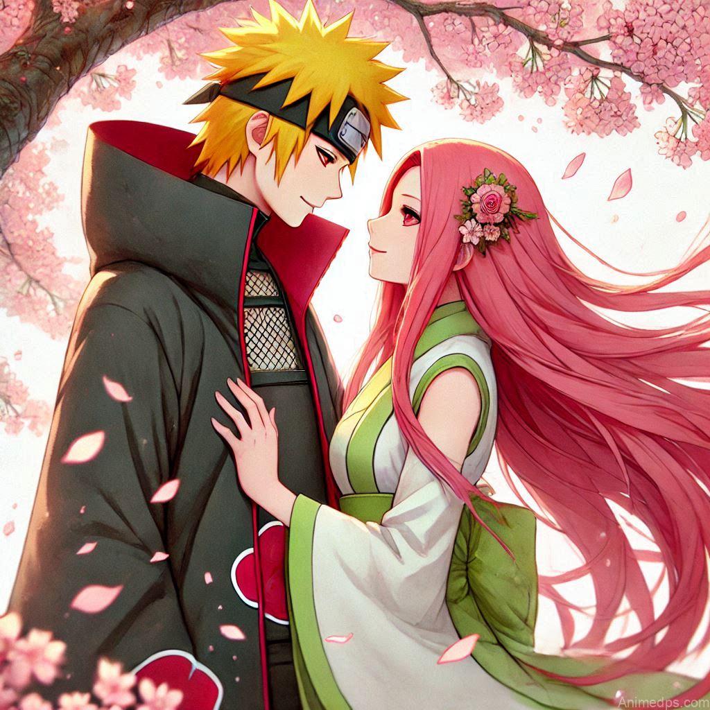 930+ Best Naruto DP for WhatsApp | Anime Dp 478 Minato and Kushina’s Loving Embrace
A tender image of Minato and Kushina standing under a cherry blossom tree in full bloom. Minato, dressed in his Hokage cloak, gently holds Kushina close, his hand resting on her shoulder, while Kushina, in her green and white dress, smiles warmly, her long red hair flowing in the breeze. The petals fall around them, symbolizing their enduring love