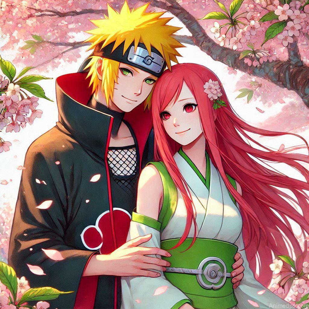 930+ Best Naruto DP for WhatsApp | Anime Dp 479 Minato and Kushina’s Loving Embrace
A tender image of Minato and Kushina standing under a cherry blossom tree in full bloom. Minato, dressed in his Hokage cloak, gently holds Kushina close, his hand resting on her shoulder, while Kushina, in her green and white dress, smiles warmly, her long red hair flowing in the breeze. The petals fall around them, symbolizing their enduring love