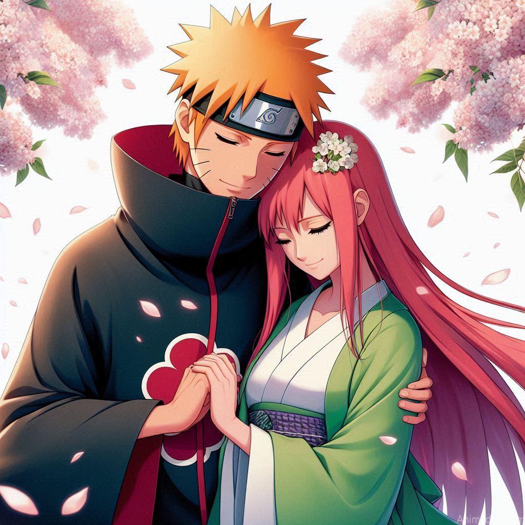 930+ Best Naruto DP for WhatsApp | Anime Dp 480 Minato and Kushina’s Loving Embrace
A tender image of Minato and Kushina standing under a cherry blossom tree in full bloom. Minato, dressed in his Hokage cloak, gently holds Kushina close, his hand resting on her shoulder, while Kushina, in her green and white dress, smiles warmly, her long red hair flowing in the breeze. The petals fall around them, symbolizing their enduring love