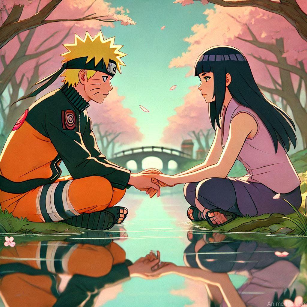 500+ Naruto and Hinata Images 63 Naruto and Hinata Reflecting Pose: Naruto and Hinata sitting by a river, deep in thought and holding hands. Background: A tranquil riverside with cherry blossoms falling. Expression: Calm and introspective, showcasing their deep bond.