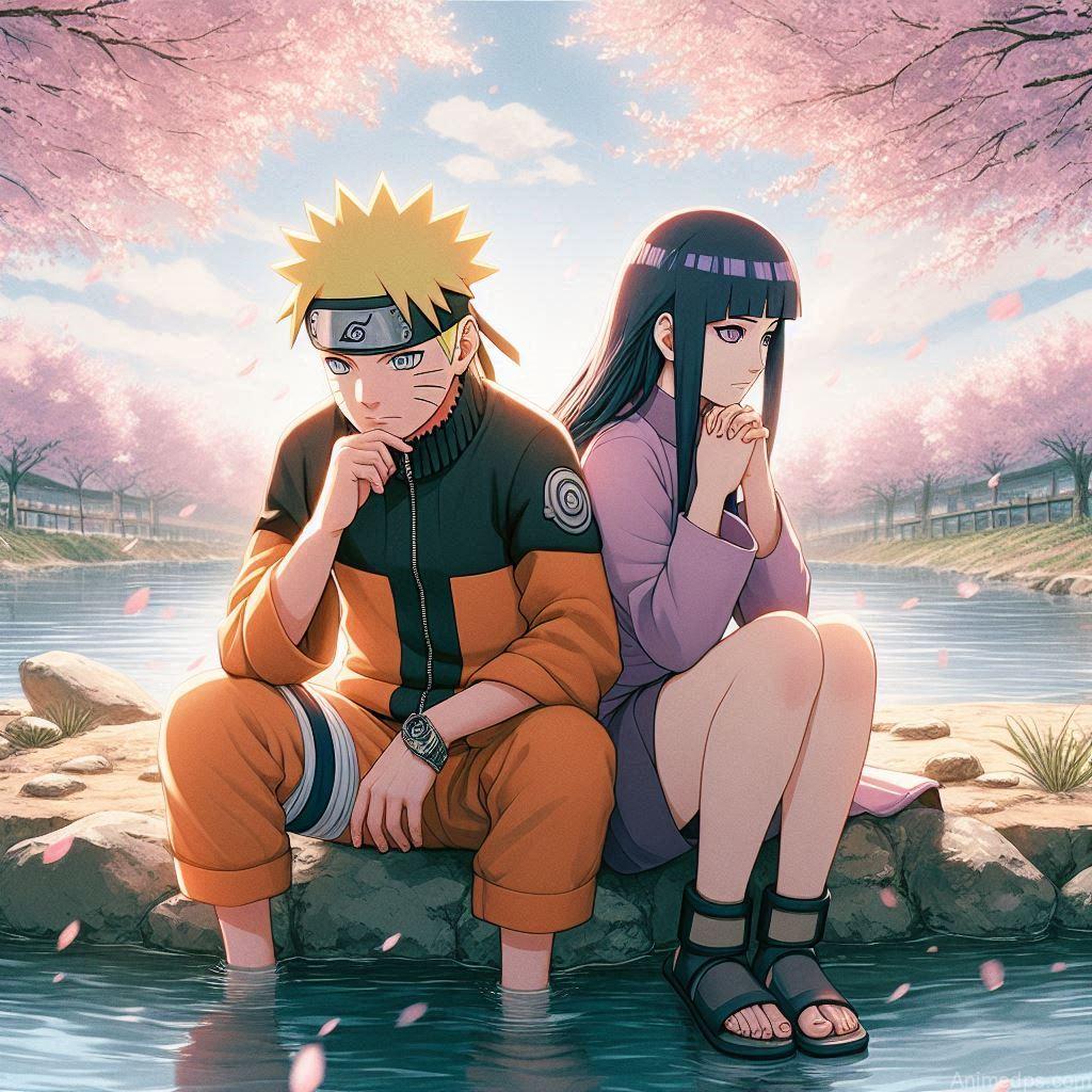 500+ Naruto and Hinata Images 62 Naruto and Hinata Reflecting Pose: Naruto and Hinata sitting by a river, deep in thought and holding hands. Background: A tranquil riverside with cherry blossoms falling. Expression: Calm and introspective, showcasing their deep bond.