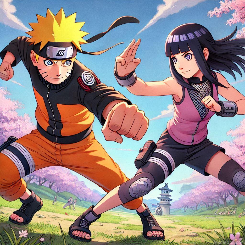 500+ Naruto and Hinata Images 51 Naruto and Hinata Training Pose: Naruto and Hinata sparring together, both in dynamic action poses. Background: A peaceful training ground with cherry blossoms. Expression: Focused and energetic, showcasing their dedication to each other and their skills.