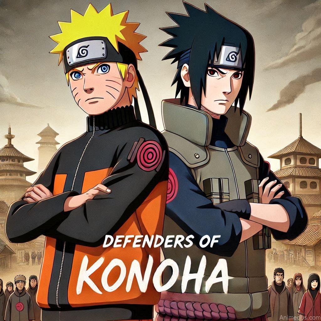 500+ Naruto and Sasuke Photos 10 Naruto and Sasuke Protecting Konoha
Pose: Naruto and Sasuke standing side by side, protecting the village.Background: Konoha Village with villagers in the background.Expression: Strong and vigilant, showcasing their roles as protectors.