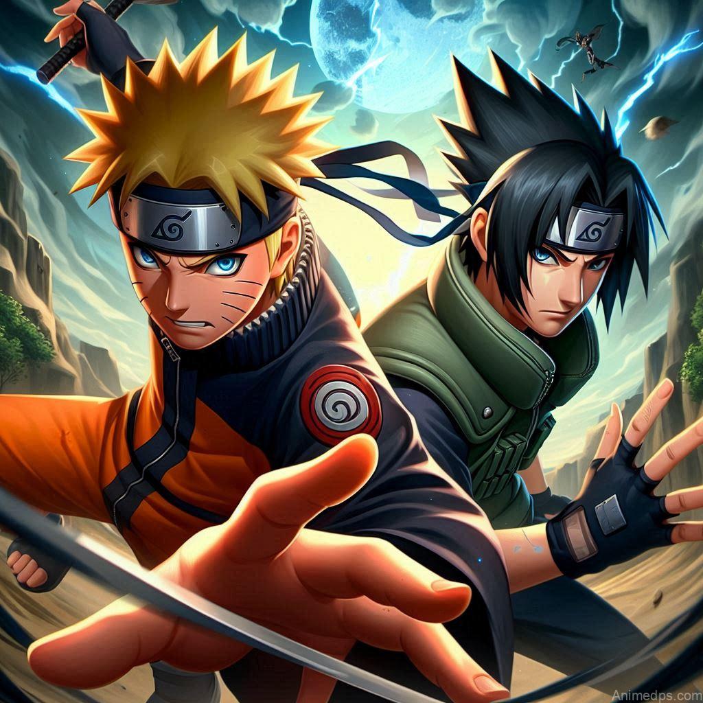 500+ Naruto and Sasuke Photos 4 Naruto and Sasuke mid-action, using their signature techniques.Background: A dramatic landscape with dynamic lighting.Expression: Fierce and determined, highlighting their prowess.