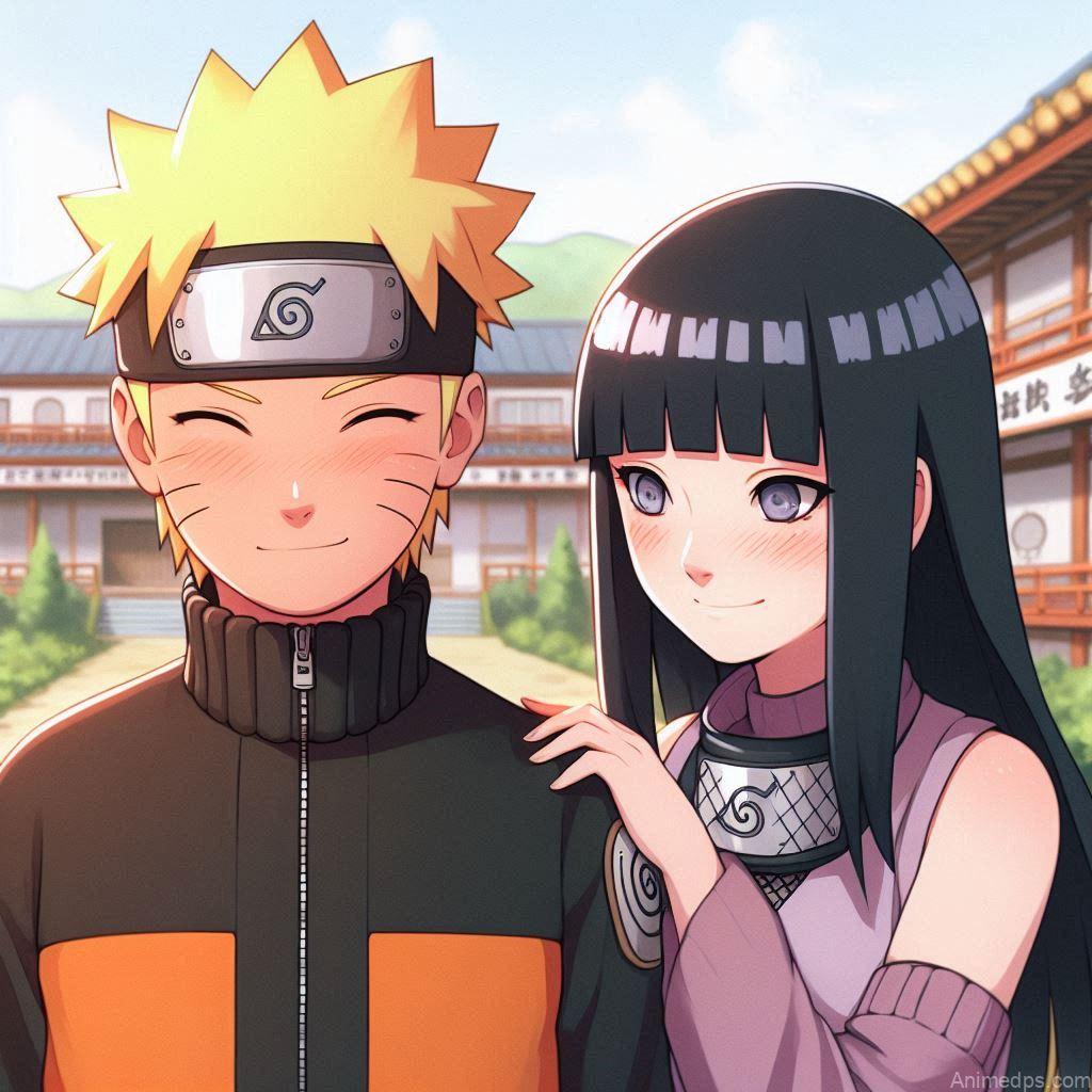 930+ Best Naruto DP for WhatsApp | Anime Dp 312 Hinata with Naruto Pose: Hinata stands shyly next to Naruto Uzumaki, blushing slightly. Background: The iconic training grounds of Konoha Village. Expression: Gentle and warm, showing her affection and support for Naruto.