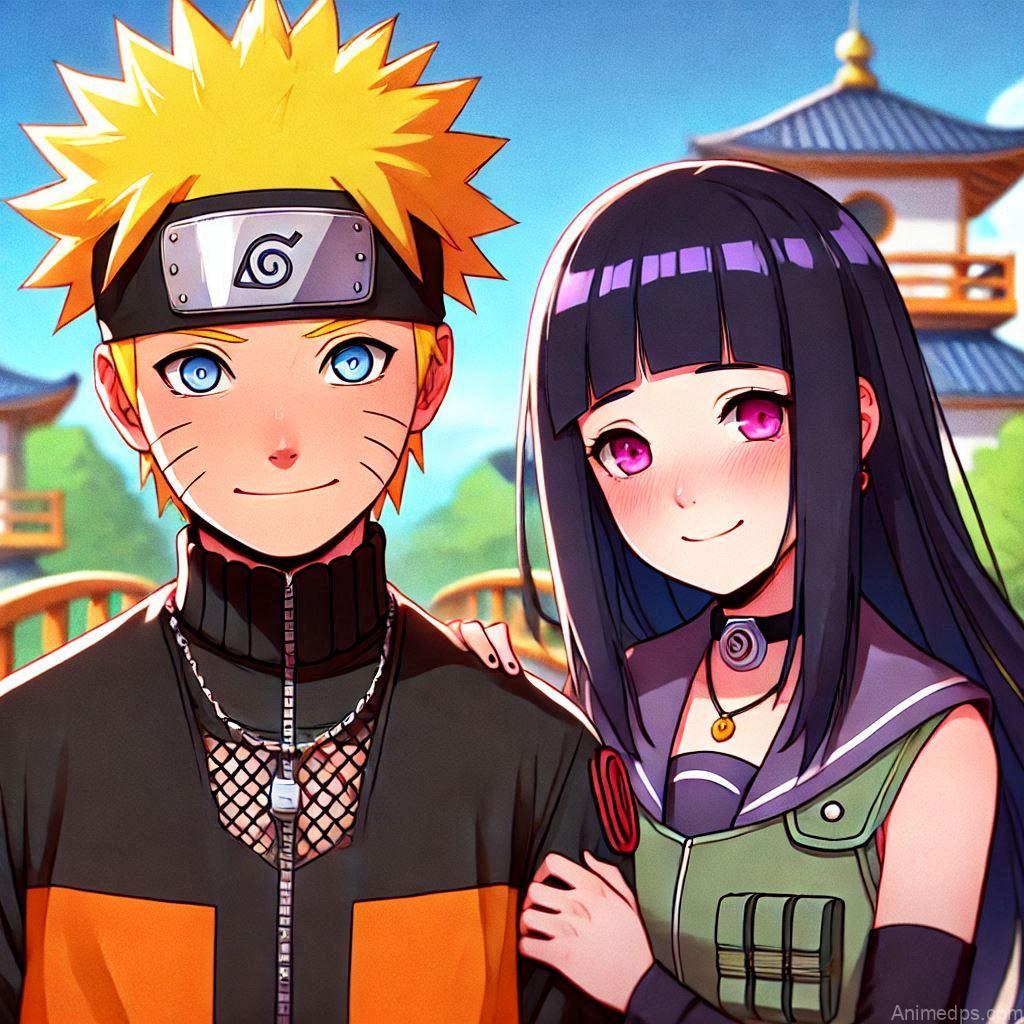 930+ Best Naruto DP for WhatsApp | Anime Dp 311 Hinata with Naruto Pose: Hinata stands shyly next to Naruto Uzumaki, blushing slightly. Background: The iconic training grounds of Konoha Village. Expression: Gentle and warm, showing her affection and support for Naruto.