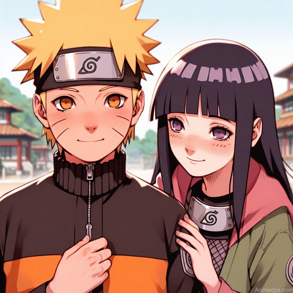 930+ Best Naruto DP for WhatsApp | Anime Dp 310 Hinata with Naruto Pose: Hinata stands shyly next to Naruto Uzumaki, blushing slightly. Background: The iconic training grounds of Konoha Village. Expression: Gentle and warm, showing her affection and support for Naruto.