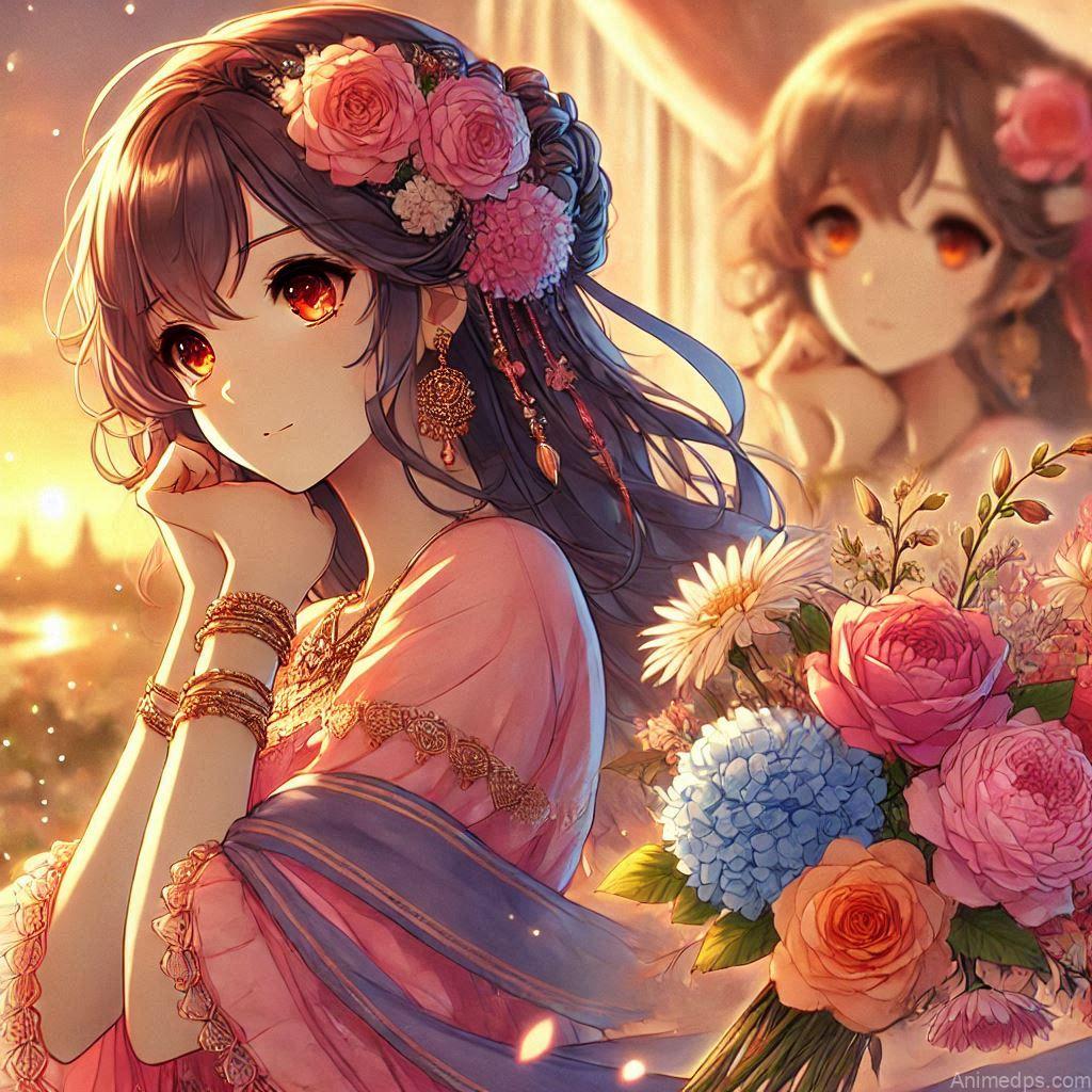 275+ Charming Girl Anime DP to Brighten Your Profile 27 dreamy anime girl with a bouquet of flowers, gazing into the distance