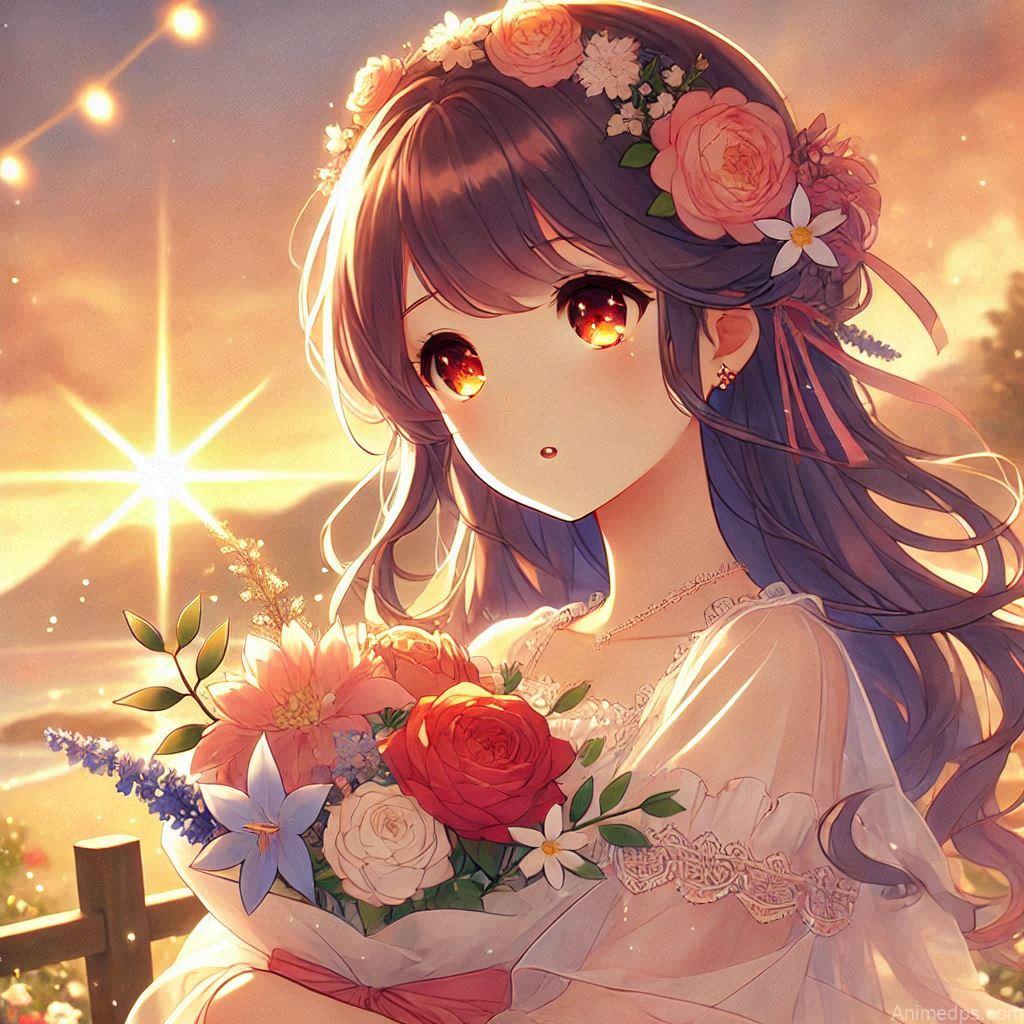 275+ Charming Girl Anime DP to Brighten Your Profile 29 dreamy anime girl with a bouquet of flowers, gazing into the distance
