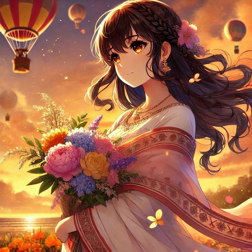 275+ Charming Girl Anime DP to Brighten Your Profile 30 dreamy anime girl with a bouquet of flowers, gazing into the distance