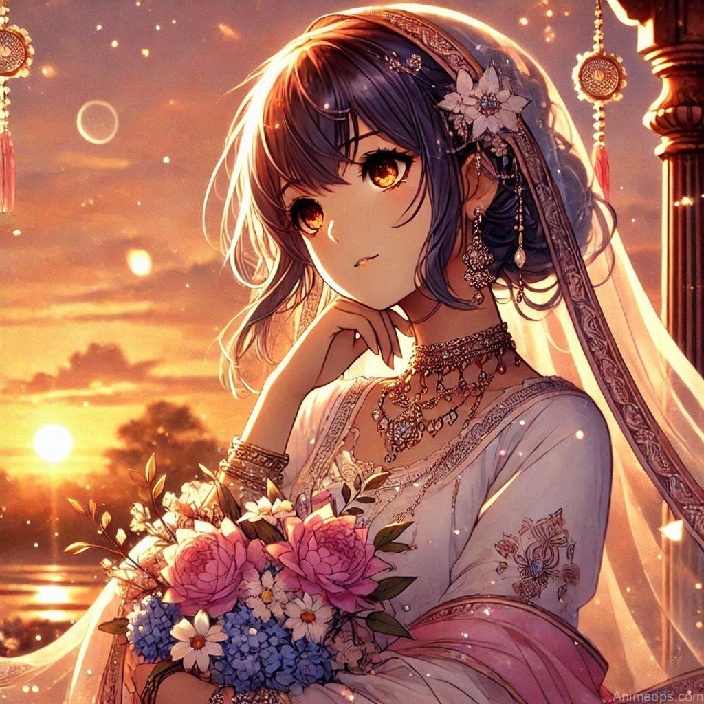 275+ Charming Girl Anime DP to Brighten Your Profile 31 dreamy anime girl with a bouquet of flowers, gazing into the distance