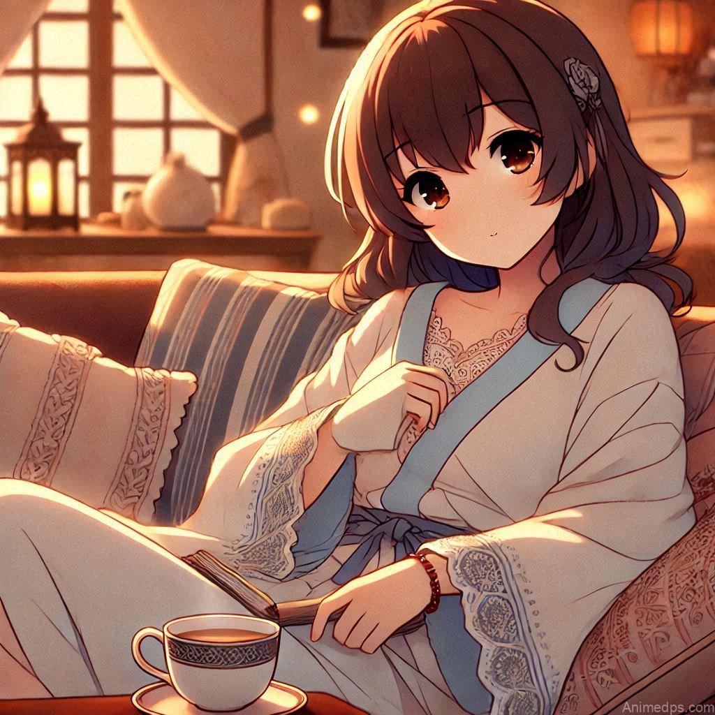275+ Charming Girl Anime DP to Brighten Your Profile 32 relaxed anime girl lounging with a cup of tea or reading a book