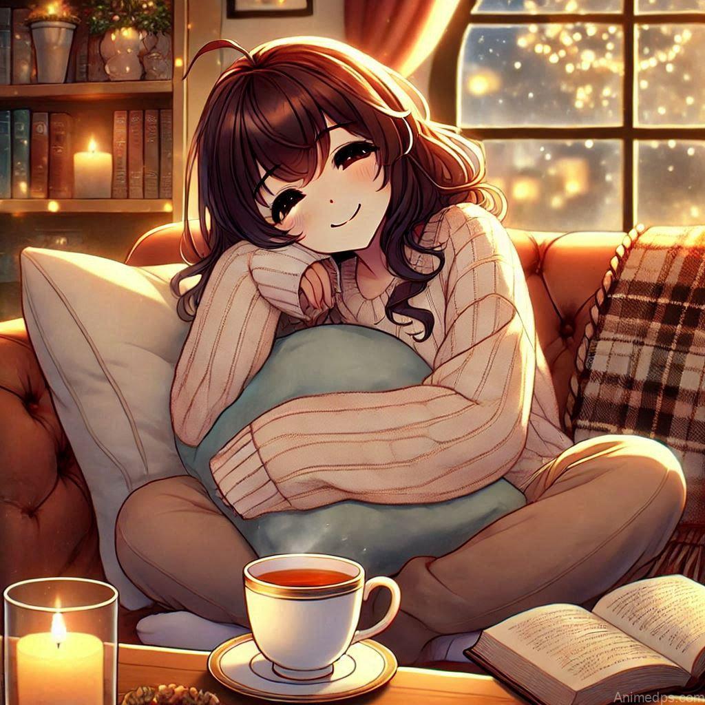 275+ Charming Girl Anime DP to Brighten Your Profile 33 relaxed anime girl lounging with a cup of tea or reading a book