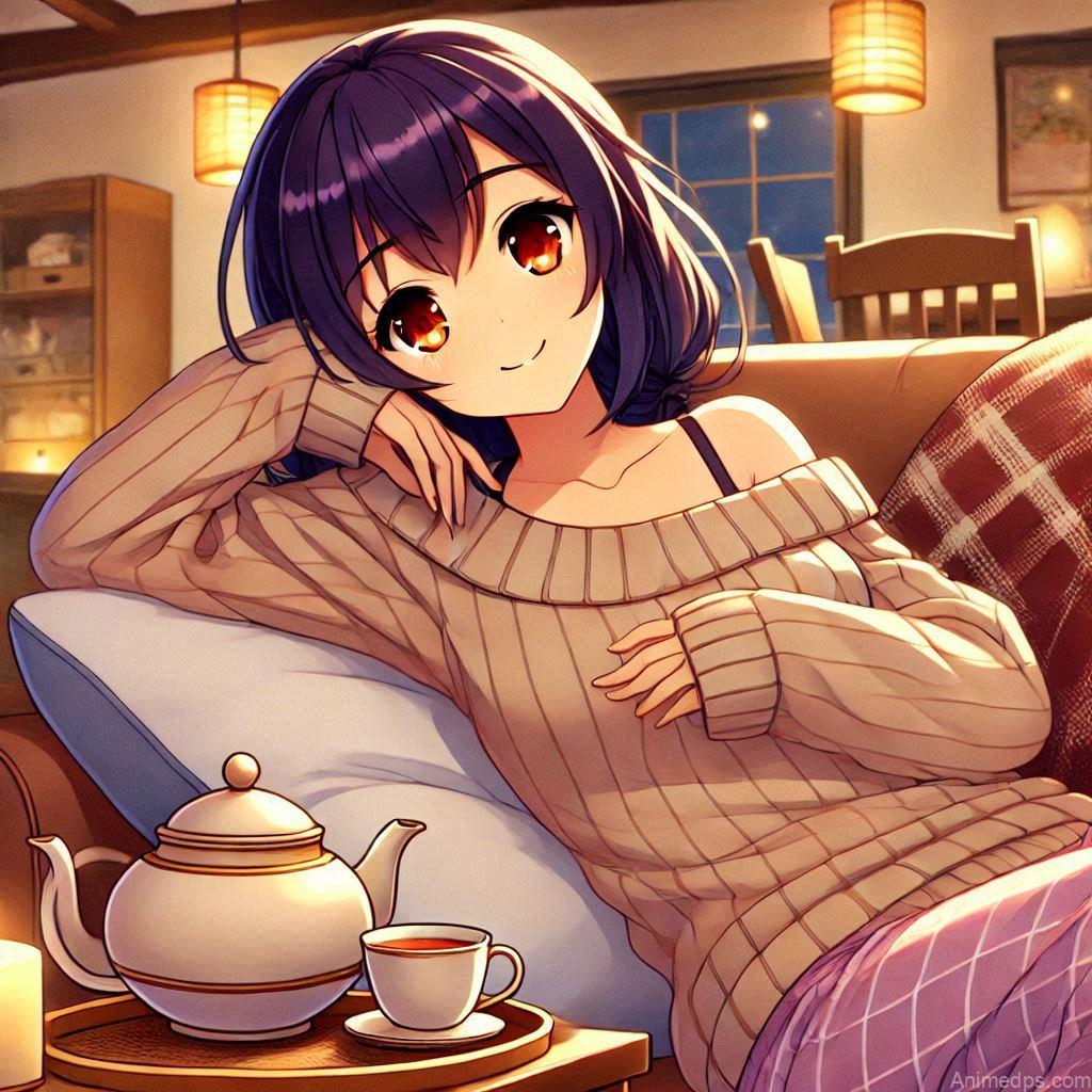 275+ Charming Girl Anime DP to Brighten Your Profile 34 relaxed anime girl lounging with a cup of tea or reading a book