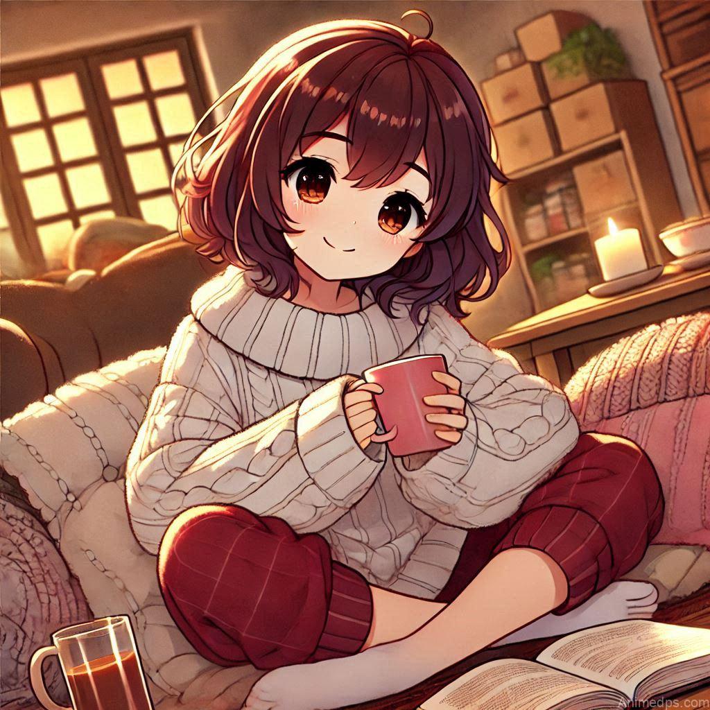 275+ Charming Girl Anime DP to Brighten Your Profile 35 relaxed anime girl lounging with a cup of tea or reading a book