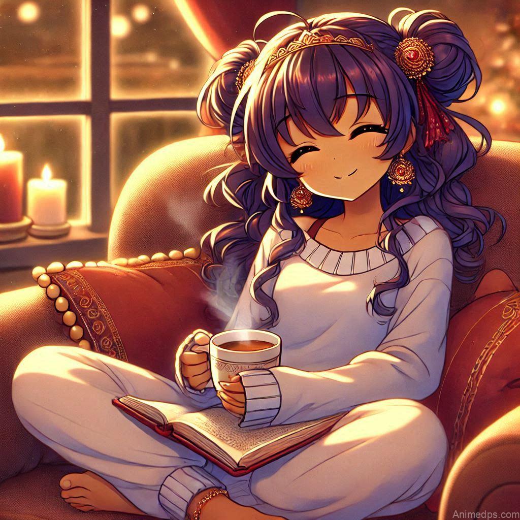 275+ Charming Girl Anime DP to Brighten Your Profile 36 relaxed anime girl lounging with a cup of tea or reading a book