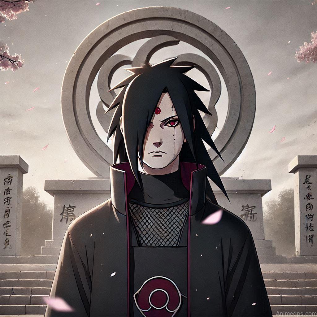 100+ Best Madara Uchiha Pics 16 Madara standing in front of a monument bearing the Uchiha clan symbol, looking reflective.