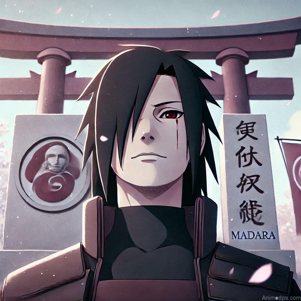 100+ Best Madara Uchiha Pics 17 Madara standing in front of a monument bearing the Uchiha clan symbol, looking reflective.