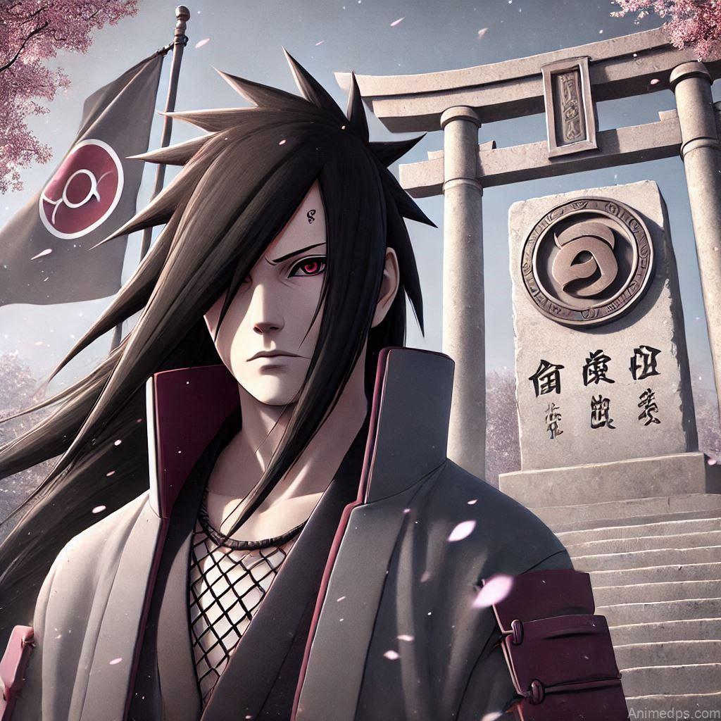 100+ Best Madara Uchiha Pics 18 Madara standing in front of a monument bearing the Uchiha clan symbol, looking reflective.