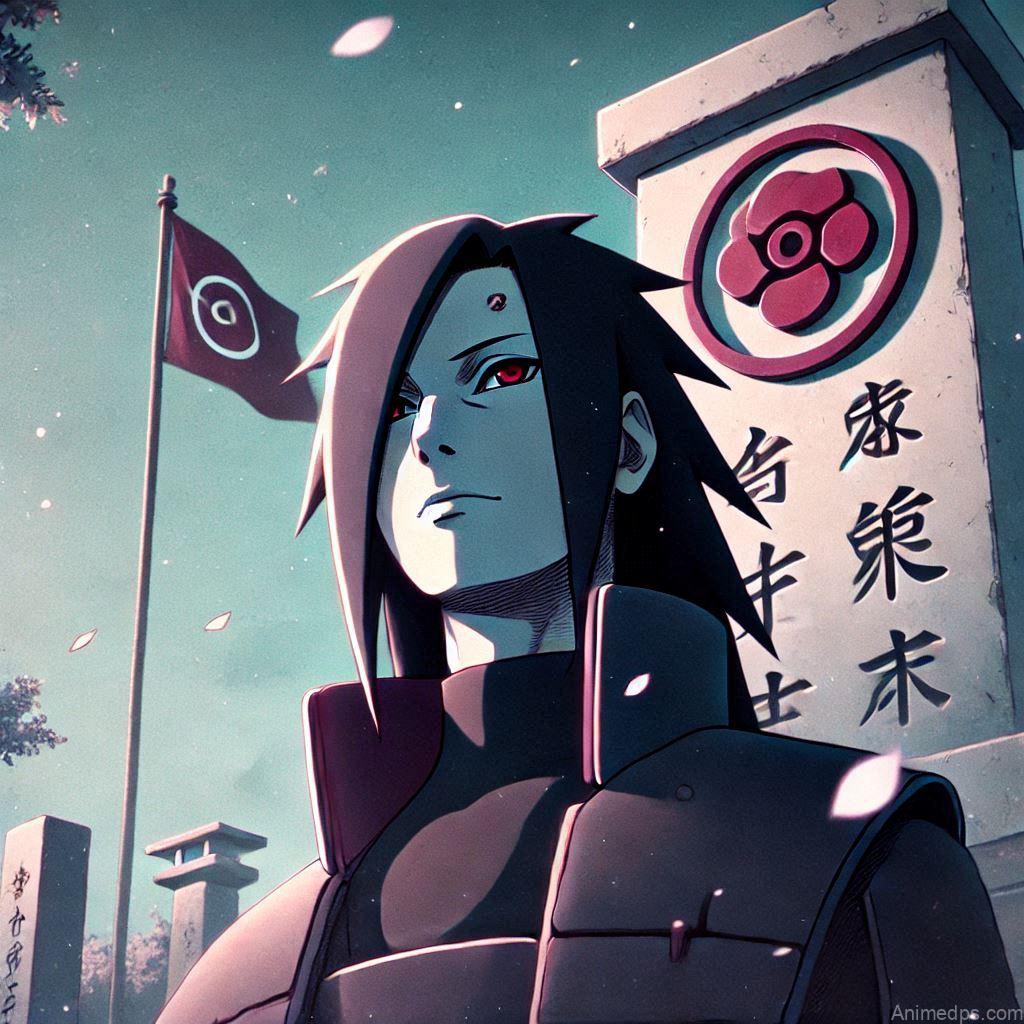100+ Best Madara Uchiha Pics 19 Madara standing in front of a monument bearing the Uchiha clan symbol, looking reflective.