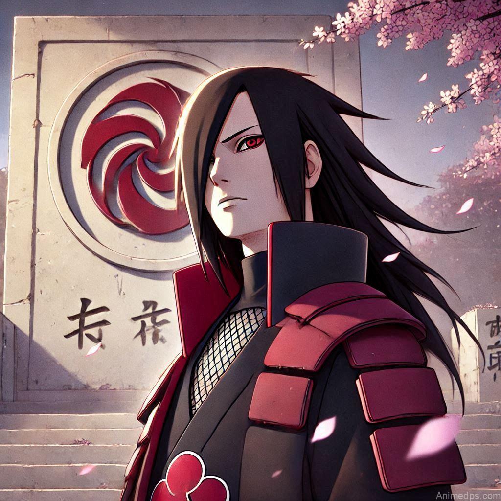 100+ Best Madara Uchiha Pics 20 Madara standing in front of a monument bearing the Uchiha clan symbol, looking reflective.