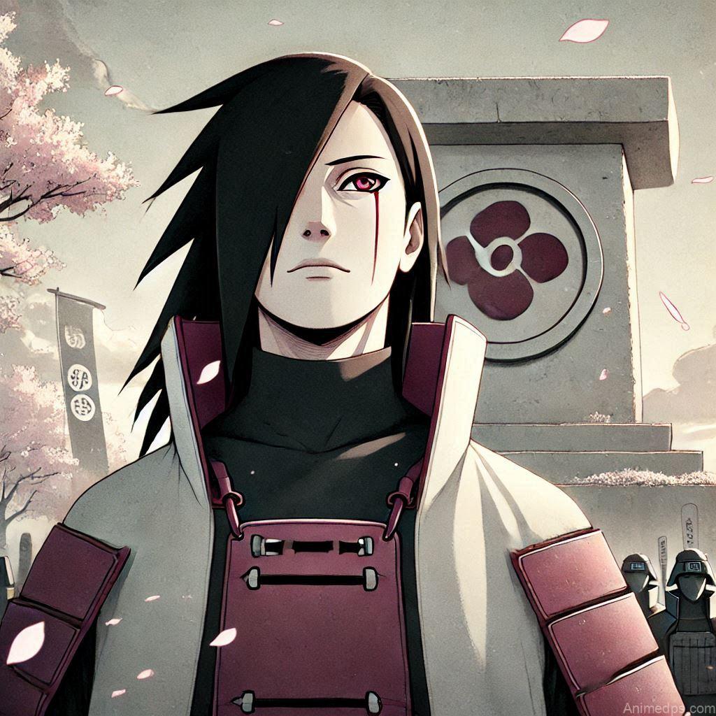 100+ Best Madara Uchiha Pics 21 Madara standing in front of a monument bearing the Uchiha clan symbol, looking reflective.