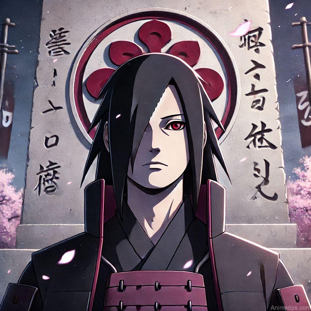 100+ Best Madara Uchiha Pics 22 Madara standing in front of a monument bearing the Uchiha clan symbol, looking reflective.