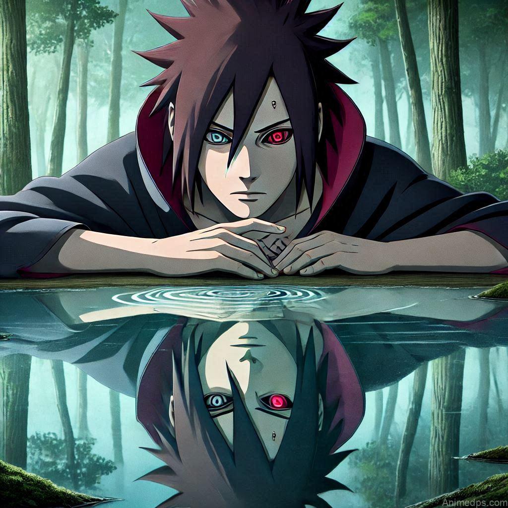 100+ Best Madara Uchiha Pics 23 Madara looking into a pool of water, seeing his reflection with both Rinnegan and Sharingan.
