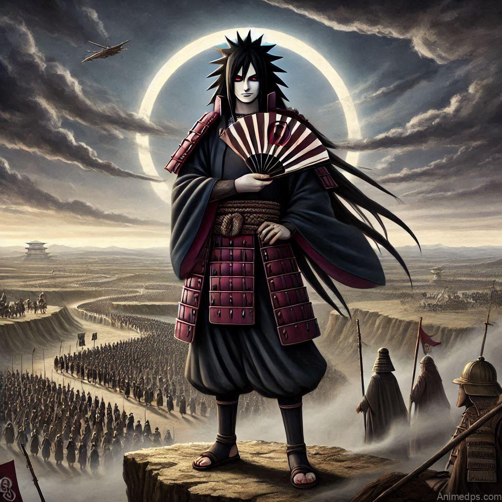 100+ Best Madara Uchiha Pics 24 Madara standing on a cliff, overseeing an army with his iconic fan in hand.