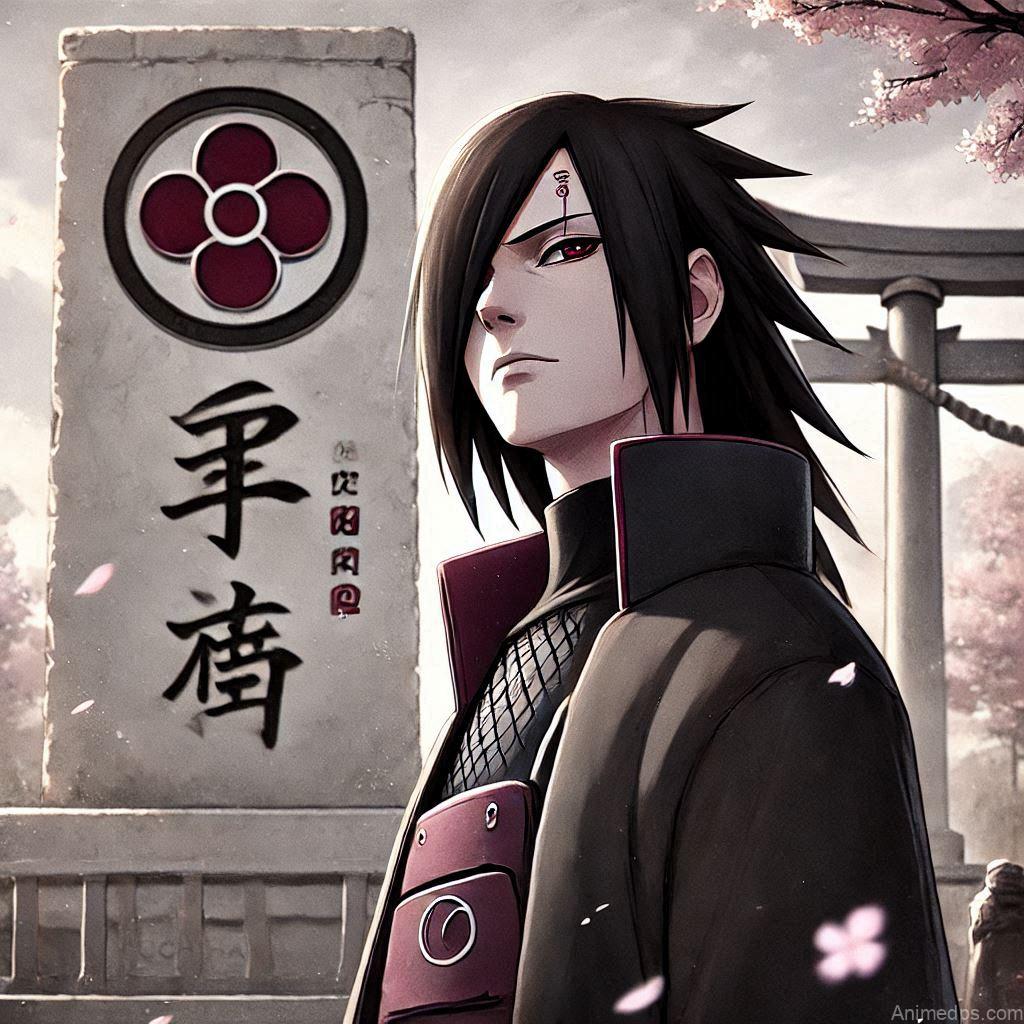 100+ Best Madara Uchiha Pics 15 Madara standing in front of a monument bearing the Uchiha clan symbol, looking reflective.