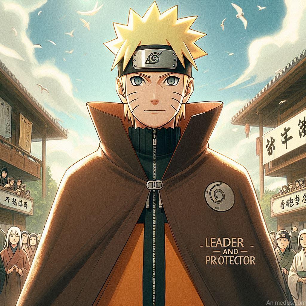 930+ Best Naruto DP for WhatsApp | Anime Dp 106 Naruto as the Hokage, wearing his Hokage cloak and hat, standing proudly. Background: The Hokage office or the village of Konoha with villagers looking up to him. Expression: Proud and noble, representing his achieved dream.