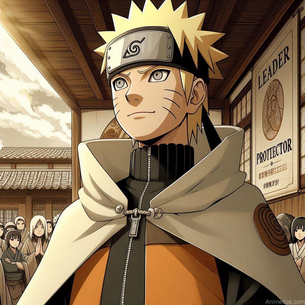 930+ Best Naruto DP for WhatsApp | Anime Dp 111 Naruto as the Hokage, wearing his Hokage cloak and hat, standing proudly. Background: The Hokage office or the village of Konoha with villagers looking up to him. Expression: Proud and noble, representing his achieved dream.