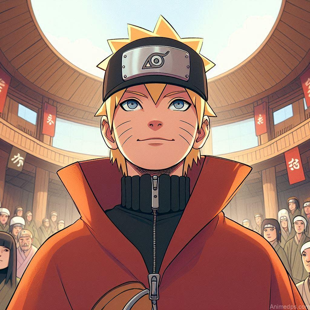 930+ Best Naruto DP for WhatsApp | Anime Dp 109 Naruto as the Hokage, wearing his Hokage cloak and hat, standing proudly. Background: The Hokage office or the village of Konoha with villagers looking up to him. Expression: Proud and noble, representing his achieved dream.