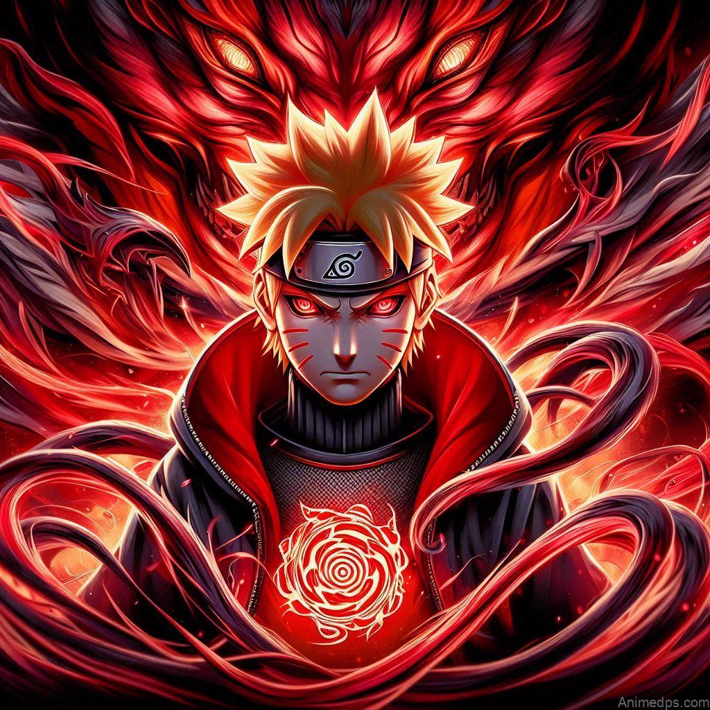 930+ Best Naruto DP for WhatsApp | Anime Dp 90 Naruto with the swirling chakra cloak of the Nine-Tails, his eyes glowing red. Background: A dramatic, fiery backdrop representing the unleashed power of Kurama. Expression: Fierce and determined, ready to protect his loved ones.