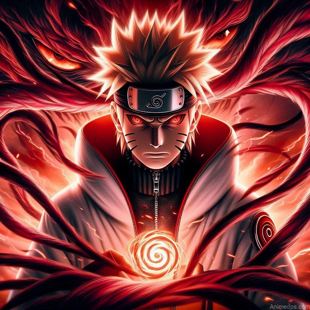 930+ Best Naruto DP for WhatsApp | Anime Dp 94 Naruto with the swirling chakra cloak of the Nine-Tails, his eyes glowing red. Background: A dramatic, fiery backdrop representing the unleashed power of Kurama. Expression: Fierce and determined, ready to protect his loved ones.