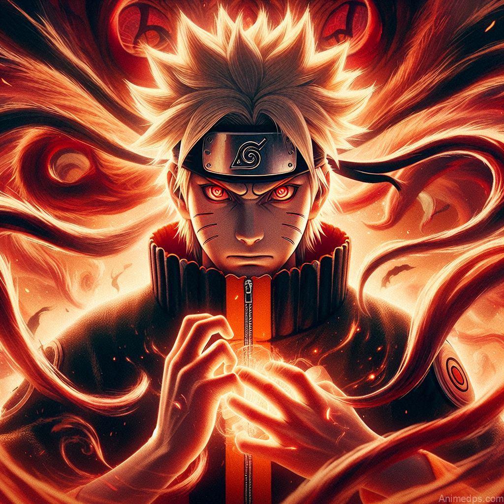 930+ Best Naruto DP for WhatsApp | Anime Dp 91 Naruto with the swirling chakra cloak of the Nine-Tails, his eyes glowing red. Background: A dramatic, fiery backdrop representing the unleashed power of Kurama. Expression: Fierce and determined, ready to protect his loved ones.