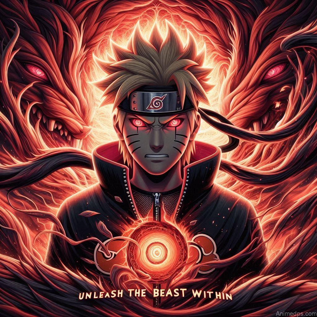 930+ Best Naruto DP for WhatsApp | Anime Dp 93 Naruto with the swirling chakra cloak of the Nine-Tails, his eyes glowing red. Background: A dramatic, fiery backdrop representing the unleashed power of Kurama. Expression: Fierce and determined, ready to protect his loved ones.