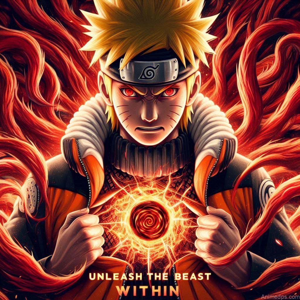930+ Best Naruto DP for WhatsApp | Anime Dp 97 Naruto with the swirling chakra cloak of the Nine-Tails, his eyes glowing red. Background: A dramatic, fiery backdrop representing the unleashed power of Kurama. Expression: Fierce and determined, ready to protect his loved ones.