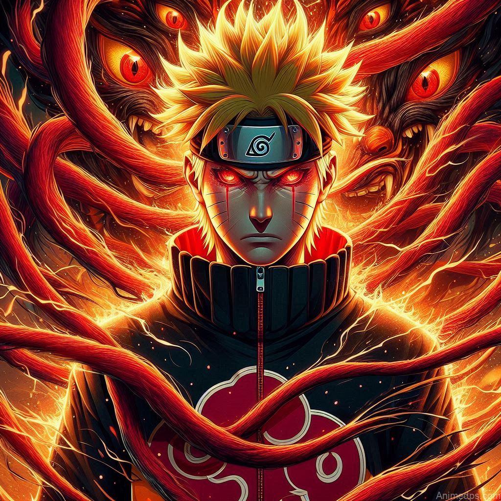 930+ Best Naruto DP for WhatsApp | Anime Dp 96 Naruto with the swirling chakra cloak of the Nine-Tails, his eyes glowing red. Background: A dramatic, fiery backdrop representing the unleashed power of Kurama. Expression: Fierce and determined, ready to protect his loved ones.