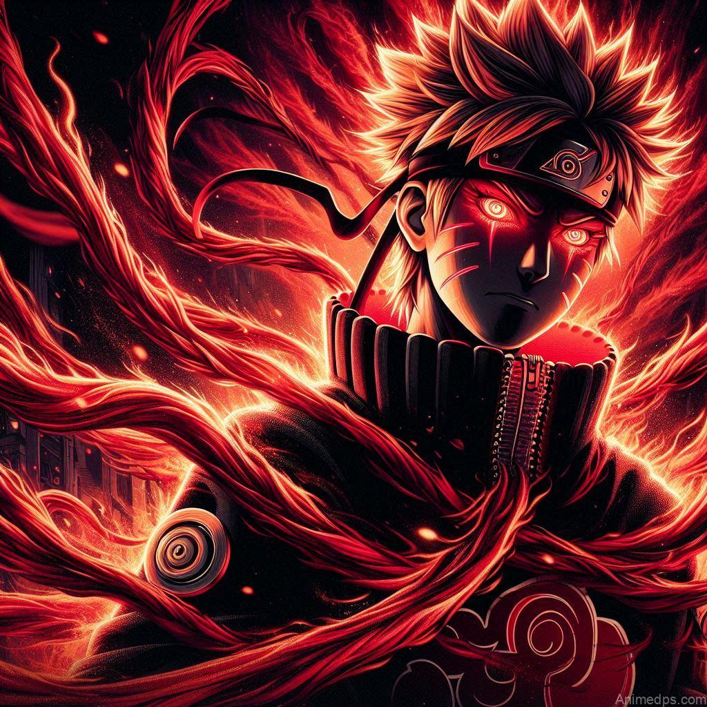 930+ Best Naruto DP for WhatsApp | Anime Dp 95 Naruto with the swirling chakra cloak of the Nine-Tails, his eyes glowing red. Background: A dramatic, fiery backdrop representing the unleashed power of Kurama. Expression: Fierce and determined, ready to protect his loved ones.