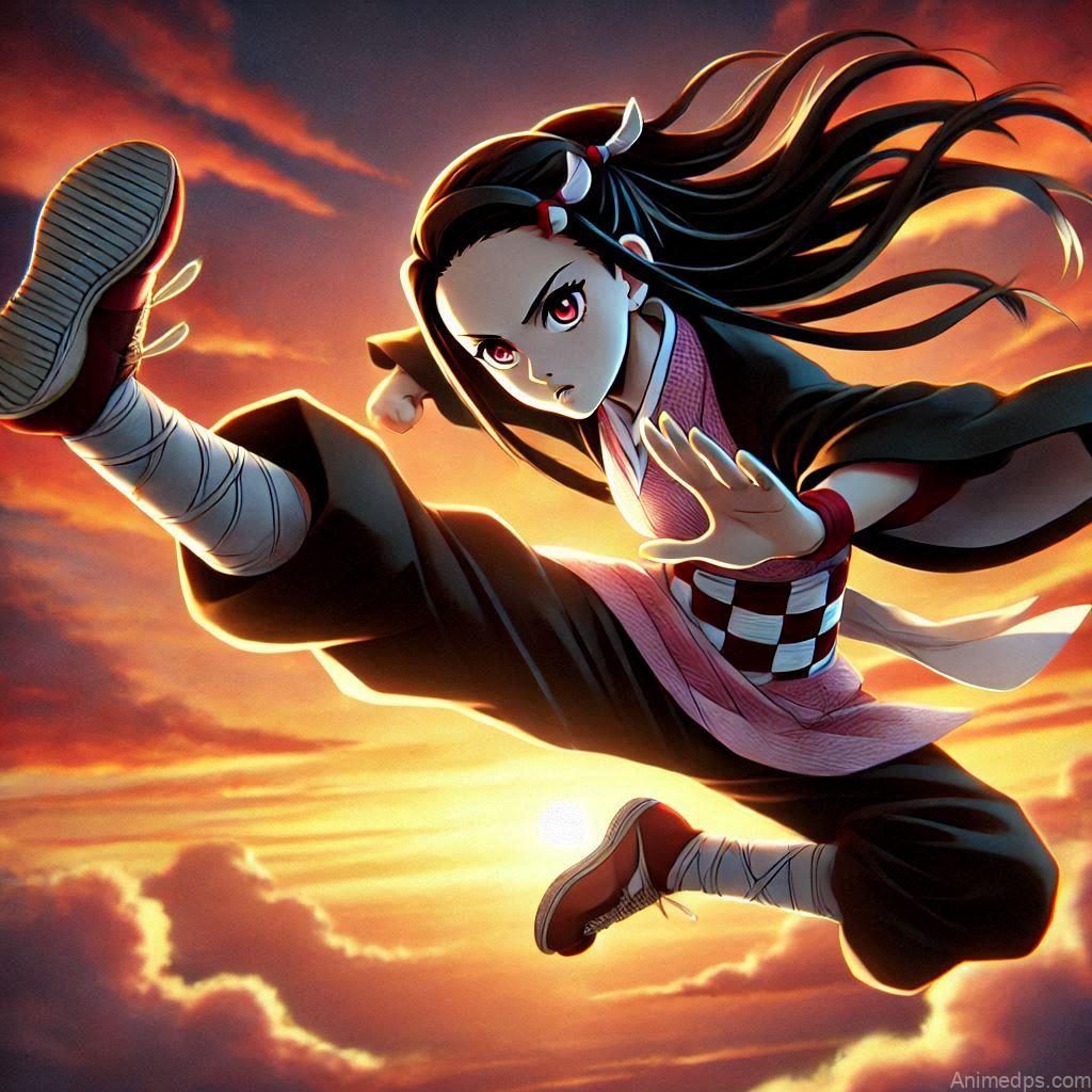 275+ Charming Girl Anime DP to Brighten Your Profile 206 Nezuko stands in a dynamic battle stance, ready to unleash her powerful kicks