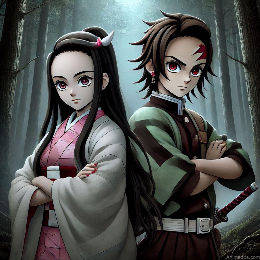 275+ Charming Girl Anime DP to Brighten Your Profile 216 Nezuko standing protectively with Tanjiro by her side, both in combat-ready positions