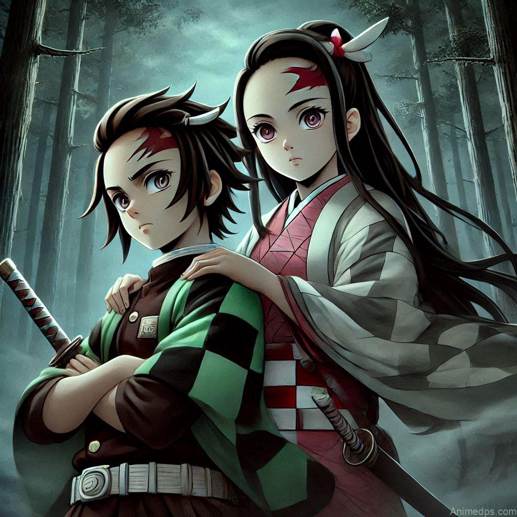 275+ Charming Girl Anime DP to Brighten Your Profile 218 Nezuko standing protectively with Tanjiro by her side, both in combat-ready positions