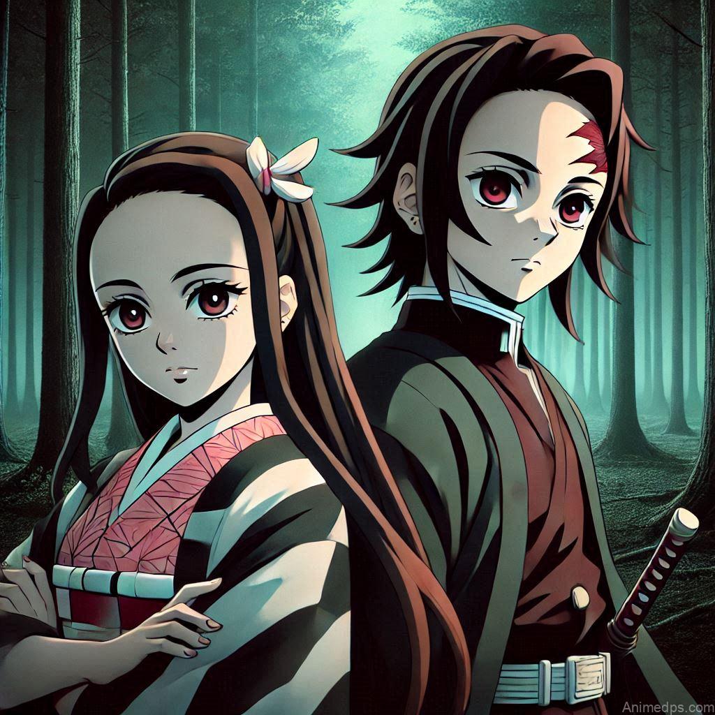 275+ Charming Girl Anime DP to Brighten Your Profile 219 Nezuko standing protectively with Tanjiro by her side, both in combat-ready positions