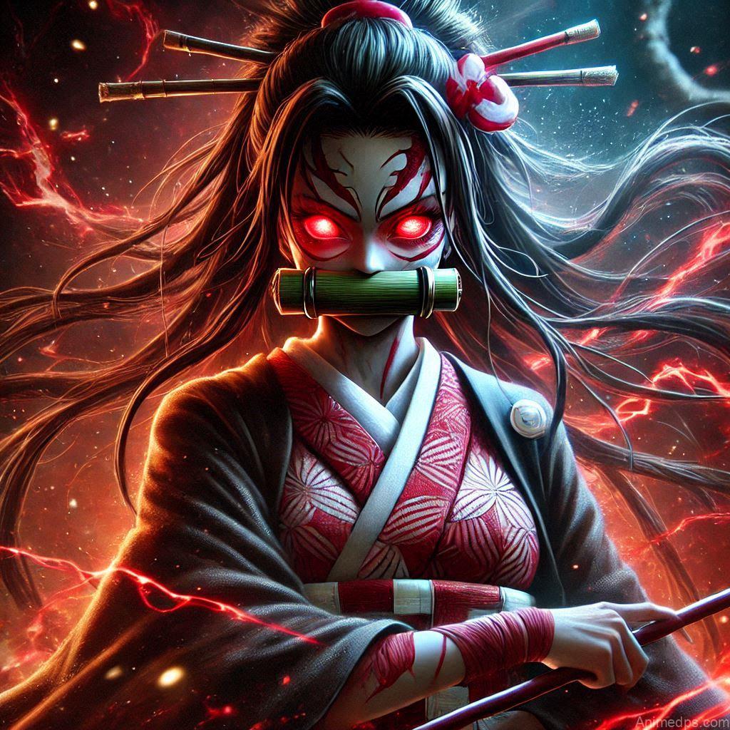 275+ Charming Girl Anime DP to Brighten Your Profile 220 Nezuko in her demon form, with her bamboo muzzle in place, glowing red eyes, and her veins visible