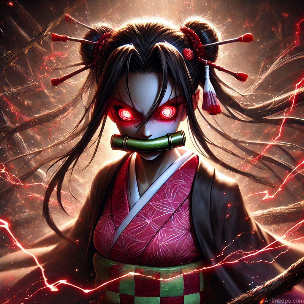 275+ Charming Girl Anime DP to Brighten Your Profile 221 Nezuko in her demon form, with her bamboo muzzle in place, glowing red eyes, and her veins visible