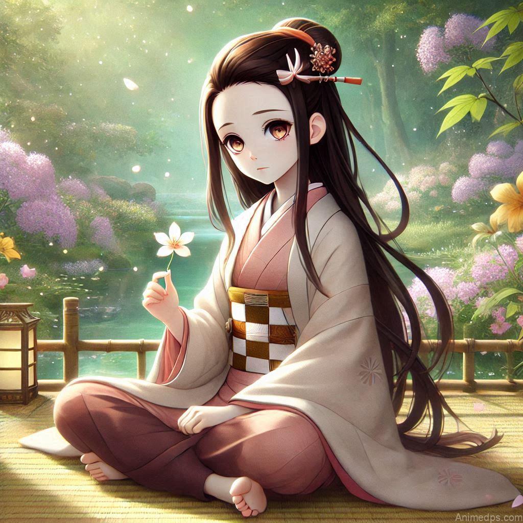 275+ Charming Girl Anime DP to Brighten Your Profile 188 Nezuko sitting peacefully with her legs tucked under her, holding a flower