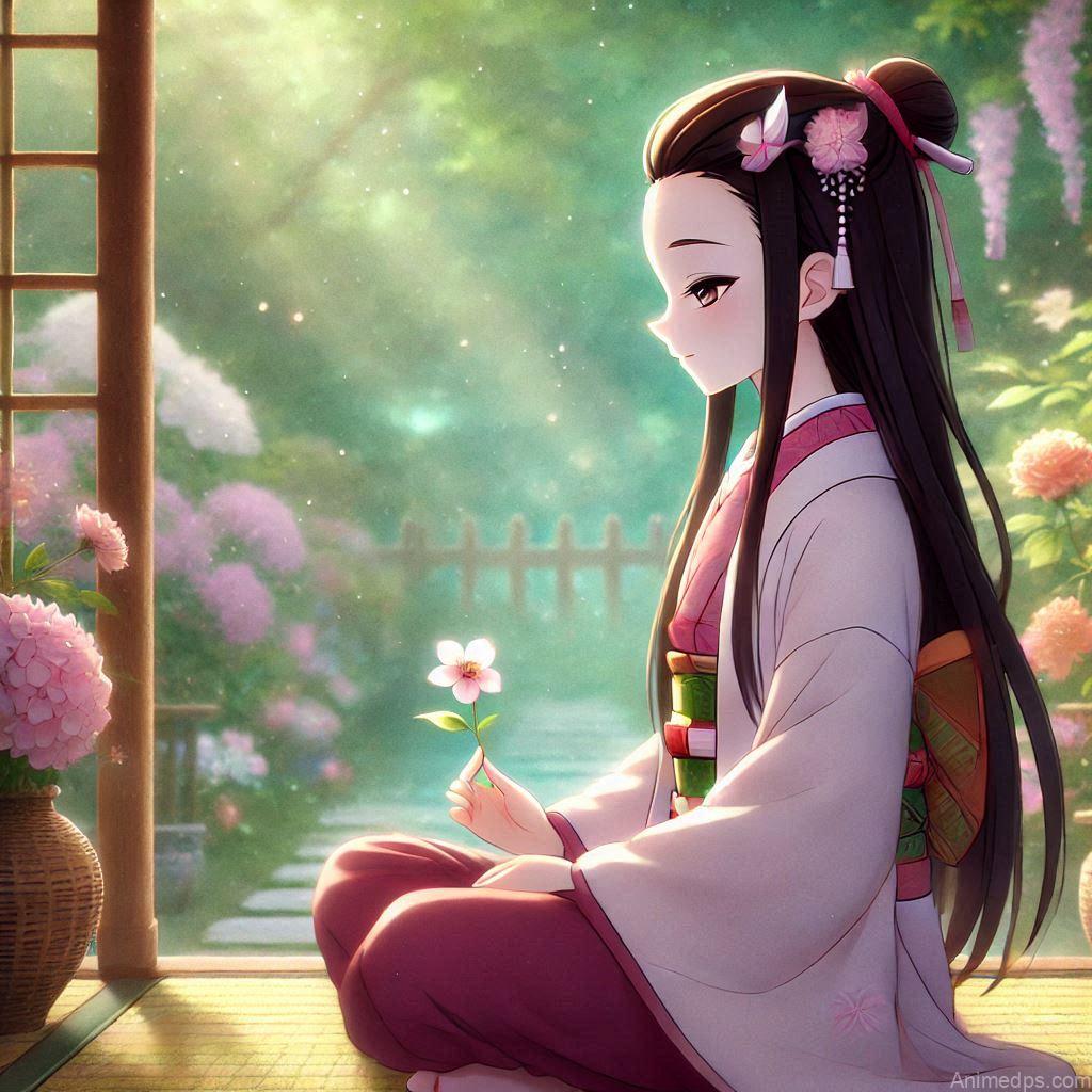 275+ Charming Girl Anime DP to Brighten Your Profile 189 Nezuko sitting peacefully with her legs tucked under her, holding a flower