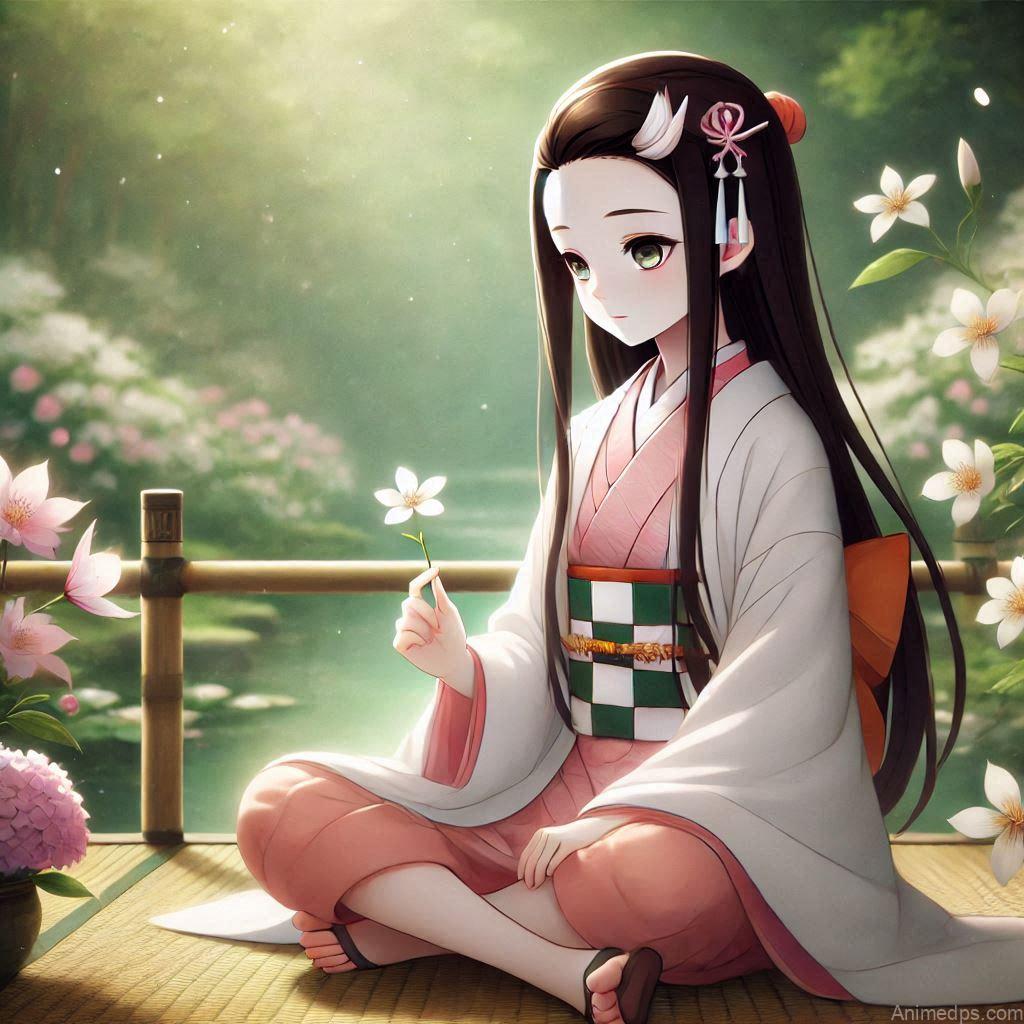 275+ Charming Girl Anime DP to Brighten Your Profile 190 Nezuko sitting peacefully with her legs tucked under her, holding a flower